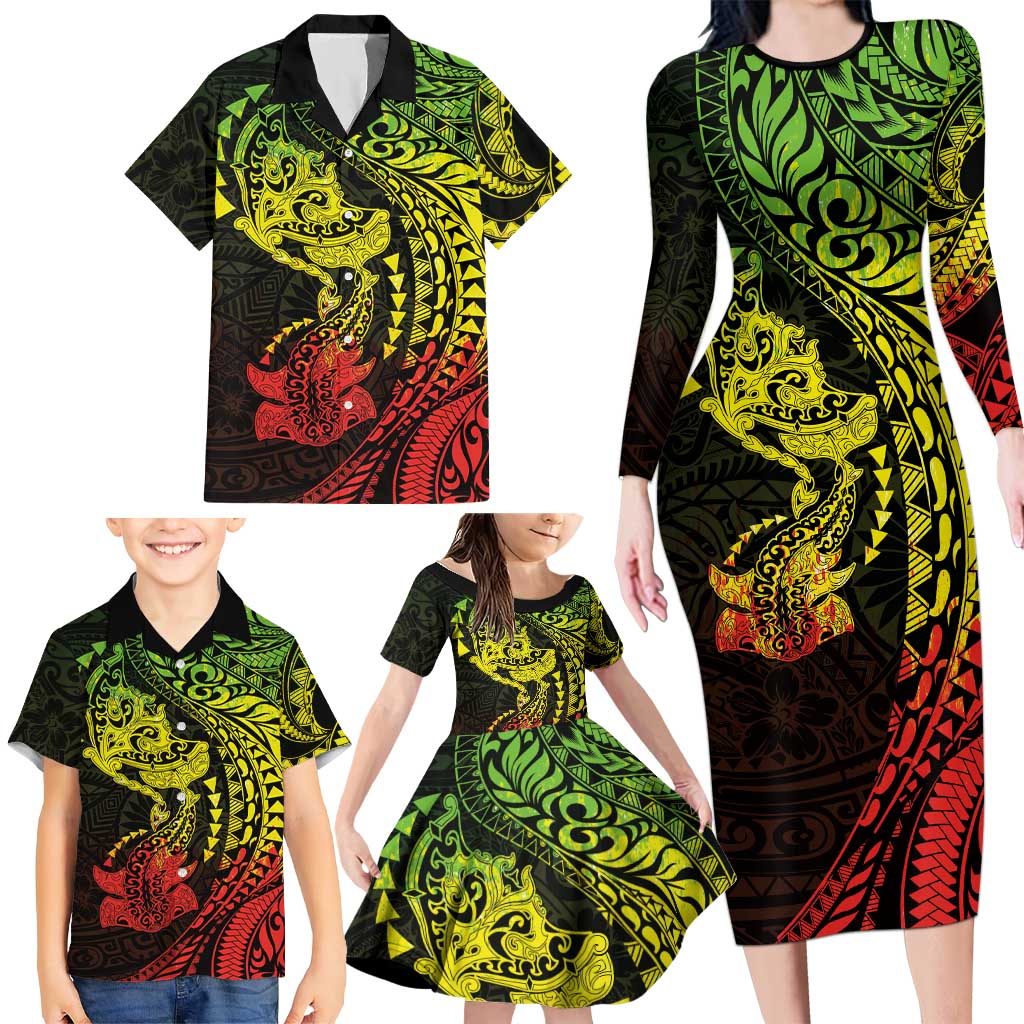 Hawaiian Manta Ray and Hammerhead Shark Tribal Tattoo Family Matching Long Sleeve Bodycon Dress and Hawaiian Shirt with Polynesian Tribal Pattern Reggae Style LT03 - Polynesian Pride