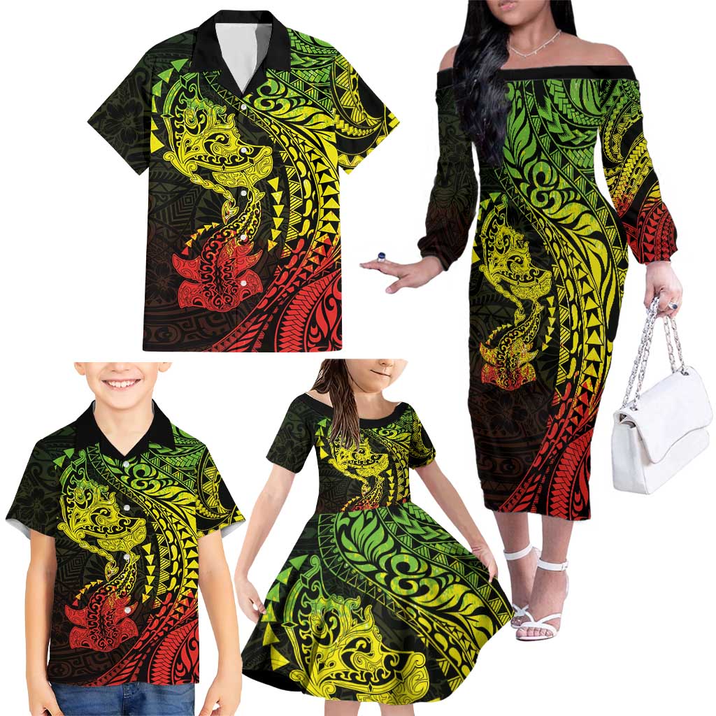 Hawaiian Manta Ray and Hammerhead Shark Tribal Tattoo Family Matching Off The Shoulder Long Sleeve Dress and Hawaiian Shirt with Polynesian Tribal Pattern Reggae Style LT03 - Polynesian Pride