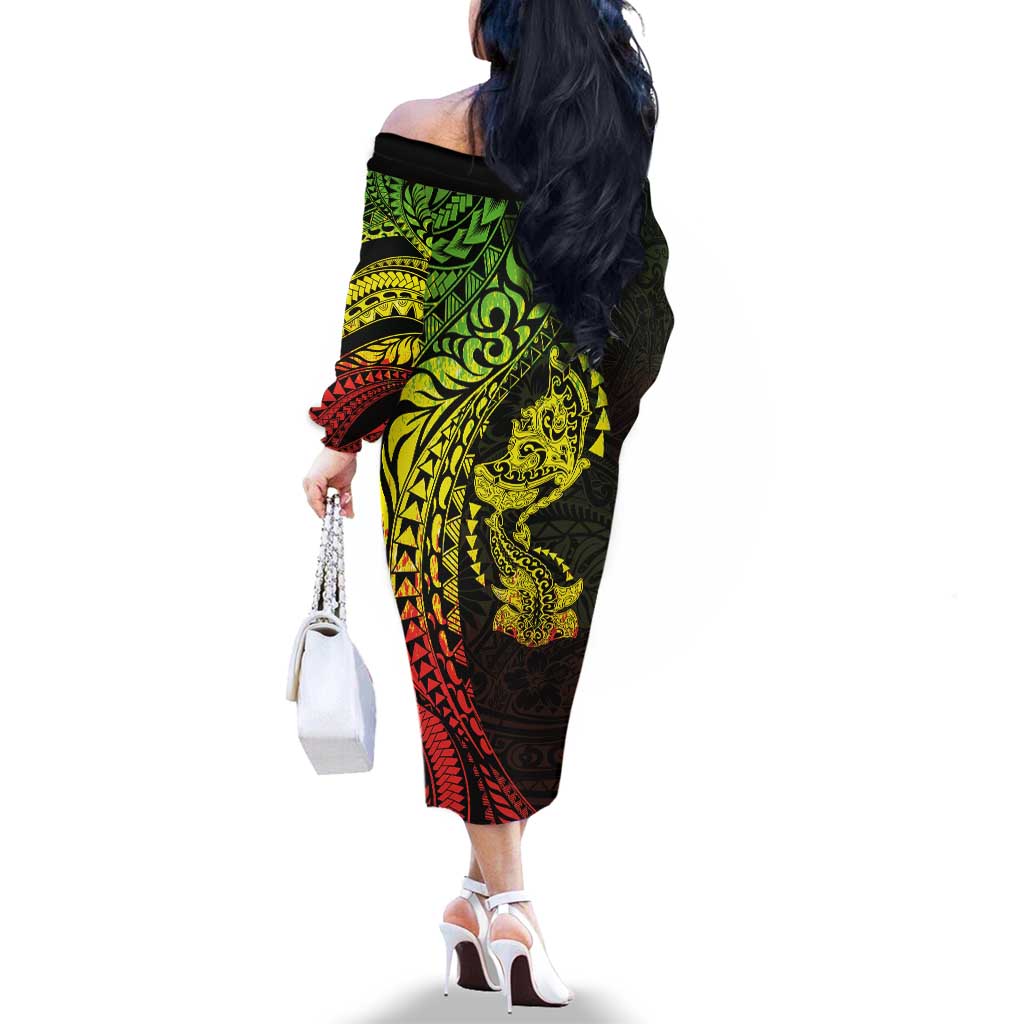 Hawaiian Manta Ray and Hammerhead Shark Tribal Tattoo Family Matching Off The Shoulder Long Sleeve Dress and Hawaiian Shirt with Polynesian Tribal Pattern Reggae Style LT03 - Polynesian Pride