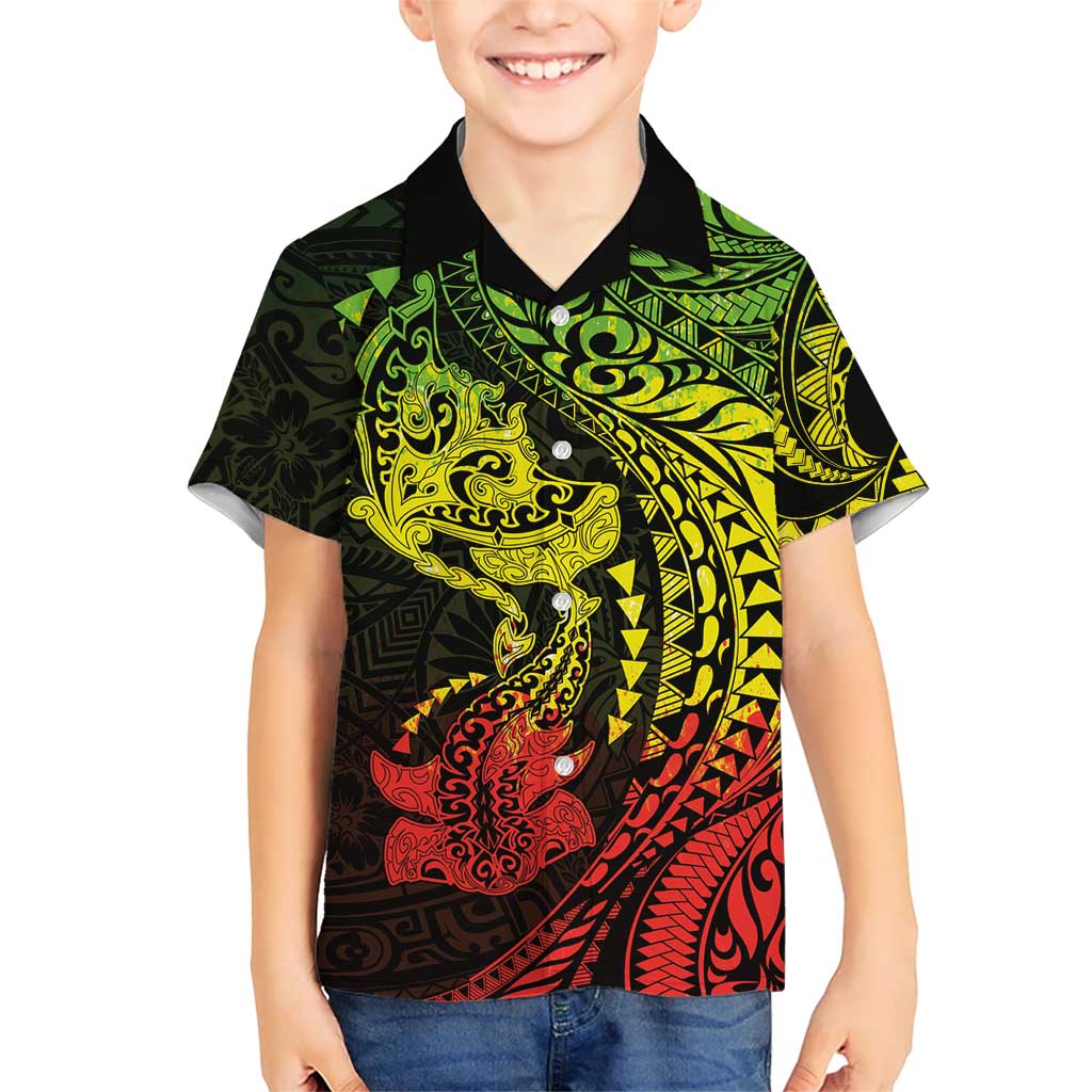 Hawaiian Manta Ray and Hammerhead Shark Tribal Tattoo Family Matching Off The Shoulder Long Sleeve Dress and Hawaiian Shirt with Polynesian Tribal Pattern Reggae Style LT03 Son's Shirt Multicolor - Polynesian Pride