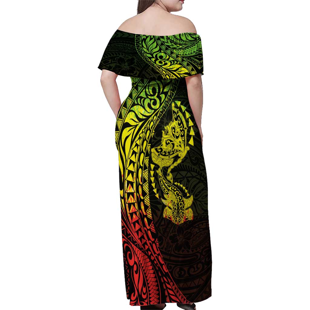 Hawaiian Manta Ray and Hammerhead Shark Tribal Tattoo Family Matching Off Shoulder Maxi Dress and Hawaiian Shirt with Polynesian Tribal Pattern Reggae Style LT03 - Polynesian Pride