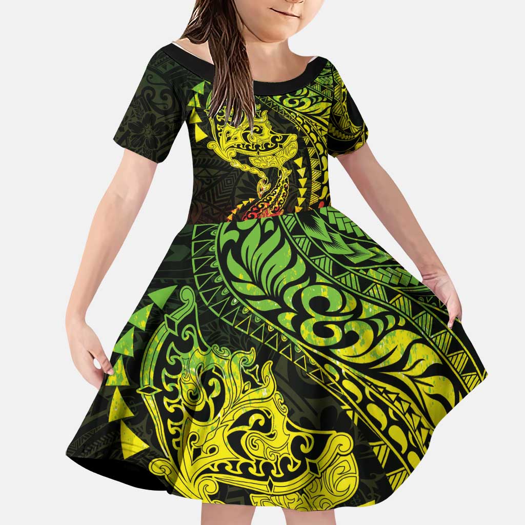 Hawaiian Manta Ray and Hammerhead Shark Tribal Tattoo Family Matching Off Shoulder Short Dress and Hawaiian Shirt with Polynesian Tribal Pattern Reggae Style LT03 Daughter's Dress Multicolor - Polynesian Pride