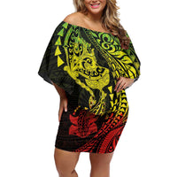 Hawaiian Manta Ray and Hammerhead Shark Tribal Tattoo Family Matching Off Shoulder Short Dress and Hawaiian Shirt with Polynesian Tribal Pattern Reggae Style LT03 Mom's Dress Multicolor - Polynesian Pride