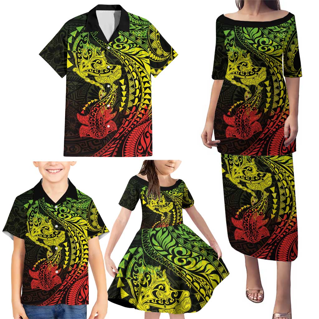 Hawaiian Manta Ray and Hammerhead Shark Tribal Tattoo Family Matching Puletasi and Hawaiian Shirt with Polynesian Tribal Pattern Reggae Style