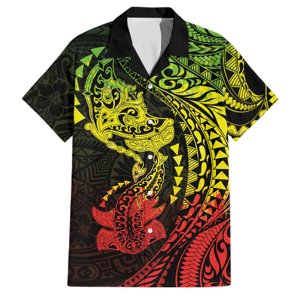 Hawaiian Manta Ray and Hammerhead Shark Tribal Tattoo Family Matching Puletasi and Hawaiian Shirt with Polynesian Tribal Pattern Reggae Style LT03 Dad's Shirt - Short Sleeve Multicolor - Polynesian Pride