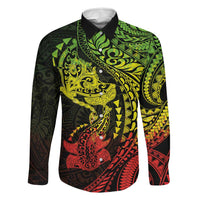 Hawaiian Manta Ray and Hammerhead Shark Tribal Tattoo Family Matching Puletasi and Hawaiian Shirt with Polynesian Tribal Pattern Reggae Style LT03 Dad's Shirt - Long Sleeve Multicolor - Polynesian Pride