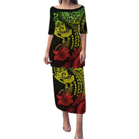 Hawaiian Manta Ray and Hammerhead Shark Tribal Tattoo Family Matching Puletasi and Hawaiian Shirt with Polynesian Tribal Pattern Reggae Style LT03 Mom's Dress Multicolor - Polynesian Pride