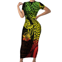 Hawaiian Manta Ray and Hammerhead Shark Tribal Tattoo Family Matching Short Sleeve Bodycon Dress and Hawaiian Shirt with Polynesian Tribal Pattern Reggae Style LT03 Mom's Dress Multicolor - Polynesian Pride