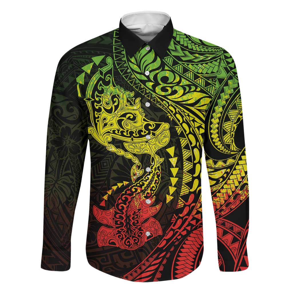 Hawaiian Manta Ray and Hammerhead Shark Tribal Tattoo Family Matching Summer Maxi Dress and Hawaiian Shirt with Polynesian Tribal Pattern Reggae Style LT03 Dad's Shirt - Long Sleeve Multicolor - Polynesian Pride