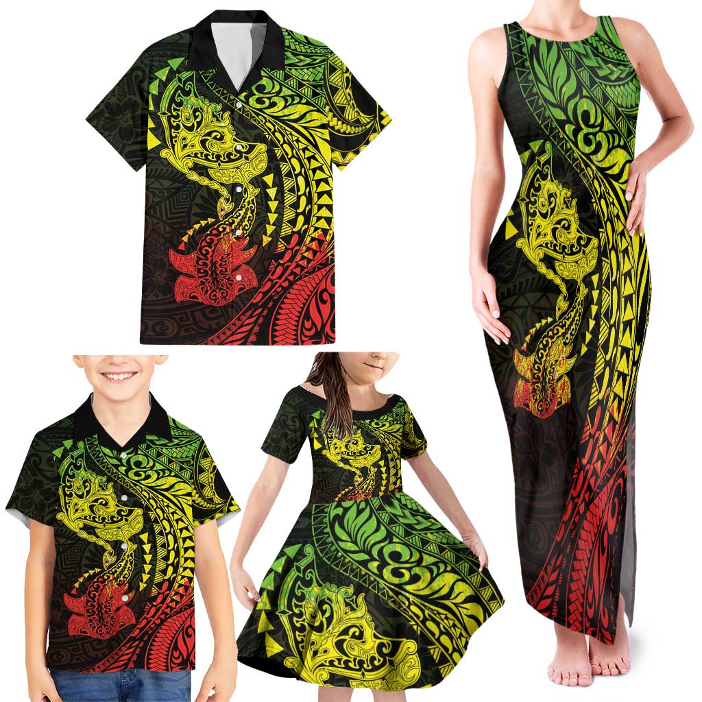 Hawaiian Manta Ray and Hammerhead Shark Tribal Tattoo Family Matching Tank Maxi Dress and Hawaiian Shirt with Polynesian Tribal Pattern Reggae Style LT03 - Polynesian Pride