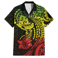 Hawaiian Manta Ray and Hammerhead Shark Tribal Tattoo Family Matching Tank Maxi Dress and Hawaiian Shirt with Polynesian Tribal Pattern Reggae Style LT03 Dad's Shirt - Short Sleeve Multicolor - Polynesian Pride