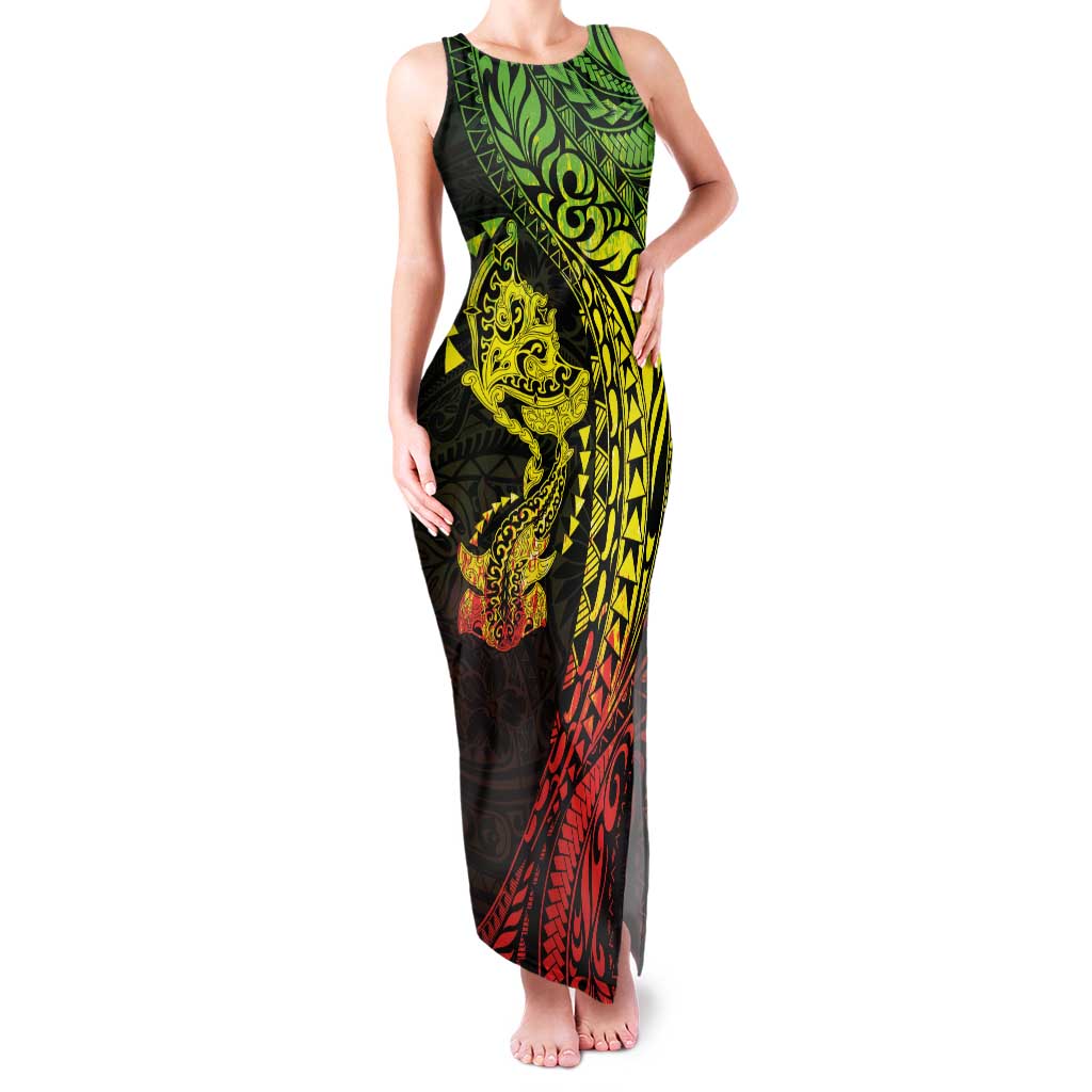Hawaiian Manta Ray and Hammerhead Shark Tribal Tattoo Family Matching Tank Maxi Dress and Hawaiian Shirt with Polynesian Tribal Pattern Reggae Style LT03 Mom's Dress Multicolor - Polynesian Pride