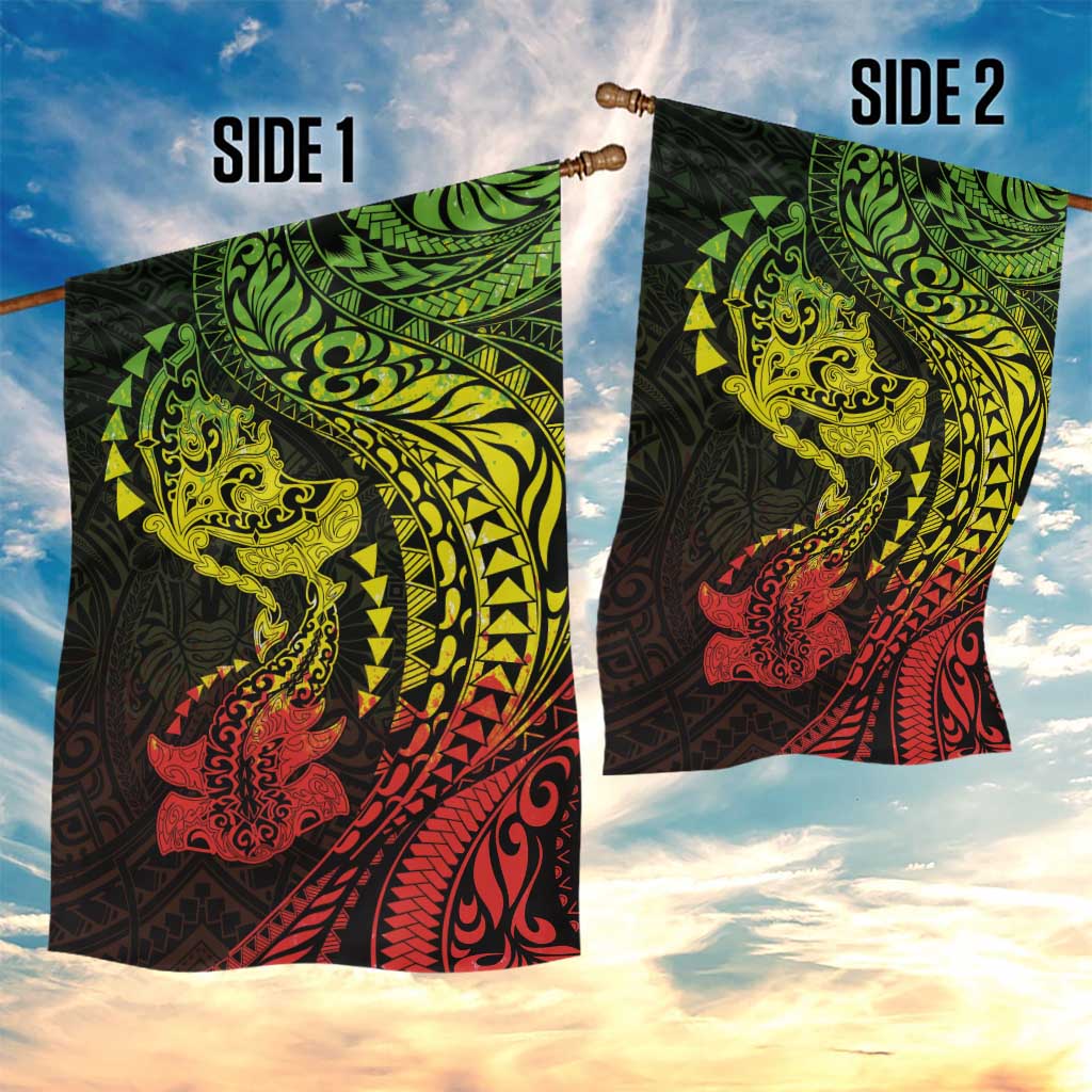 Hawaiian Manta Ray and Hammerhead Shark Tribal Tattoo Garden Flag with Polynesian Tribal Pattern Reggae Style