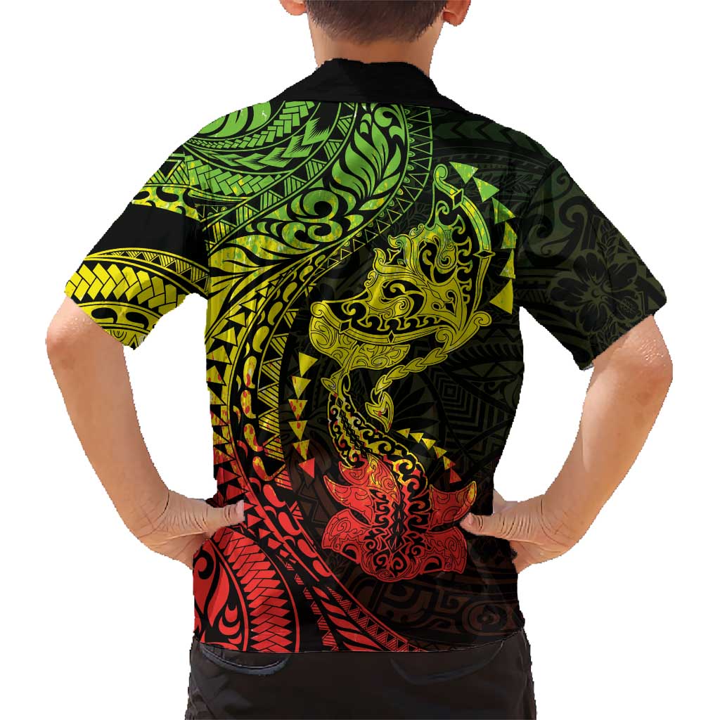 Hawaiian Manta Ray and Hammerhead Shark Tribal Tattoo Hawaiian Shirt with Polynesian Tribal Pattern Reggae Style