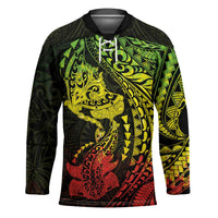 Hawaiian Manta Ray and Hammerhead Shark Tribal Tattoo Hockey Jersey with Polynesian Tribal Pattern Reggae Style