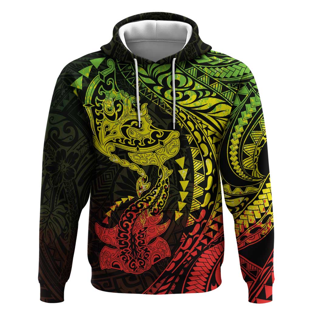 Hawaiian Manta Ray and Hammerhead Shark Tribal Tattoo Hoodie with Polynesian Tribal Pattern Reggae Style