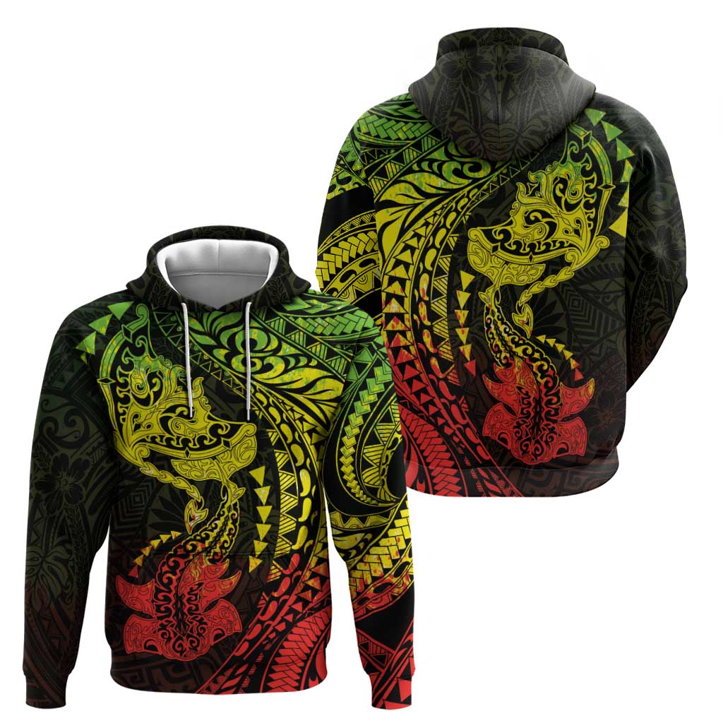 Hawaiian Manta Ray and Hammerhead Shark Tribal Tattoo Hoodie with Polynesian Tribal Pattern Reggae Style