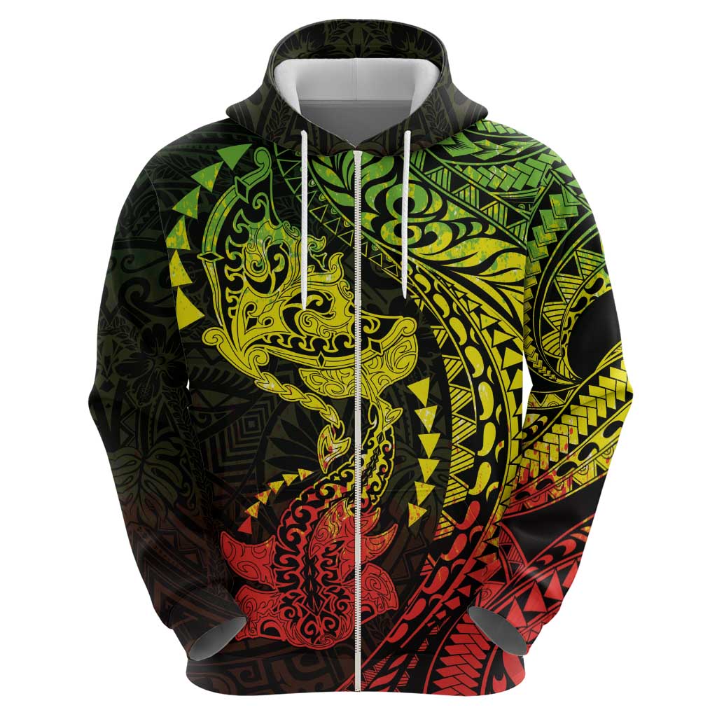 Hawaiian Manta Ray and Hammerhead Shark Tribal Tattoo Hoodie with Polynesian Tribal Pattern Reggae Style