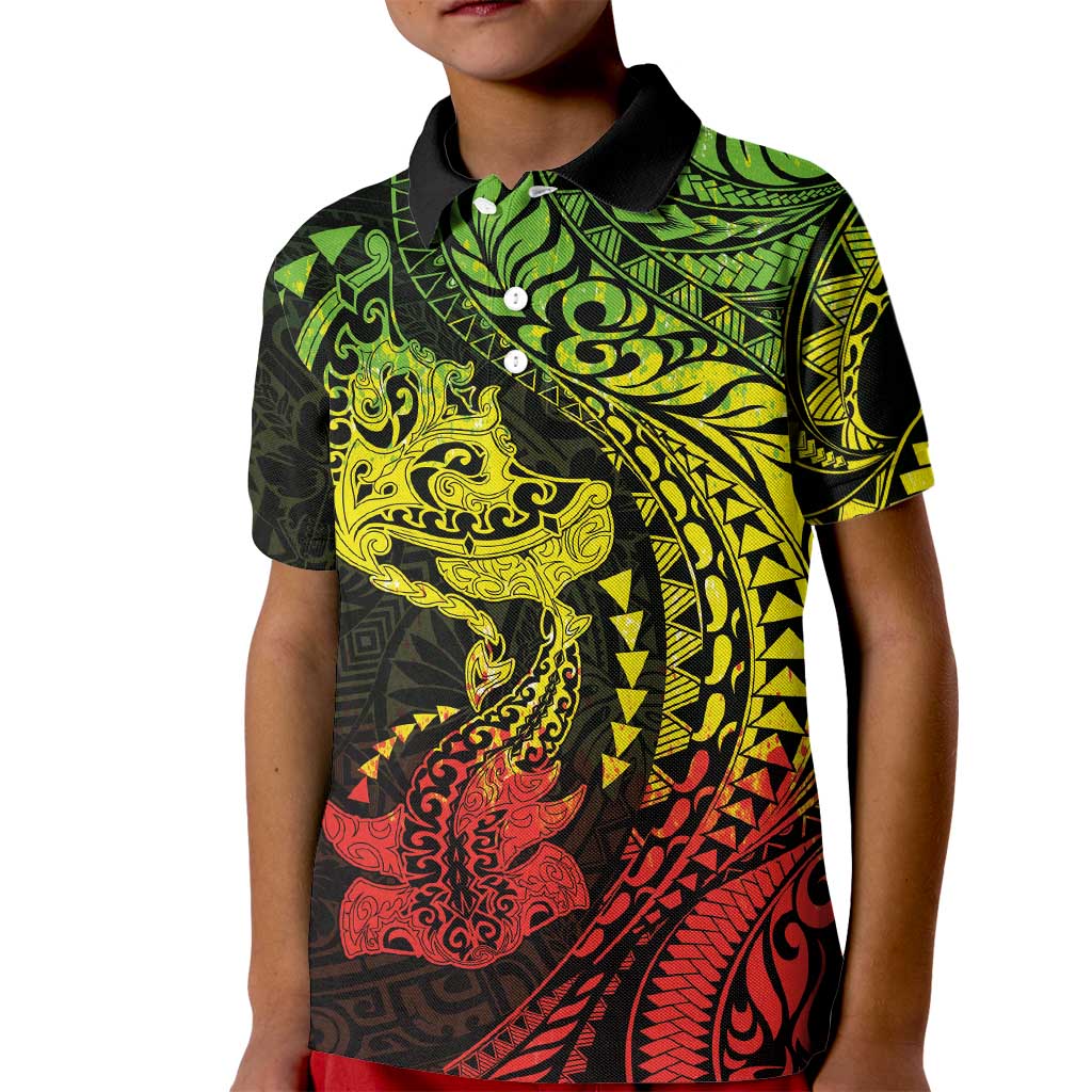 Hawaiian Manta Ray and Hammerhead Shark Tribal Tattoo Kid Polo Shirt with Polynesian Tribal Pattern Reggae Style