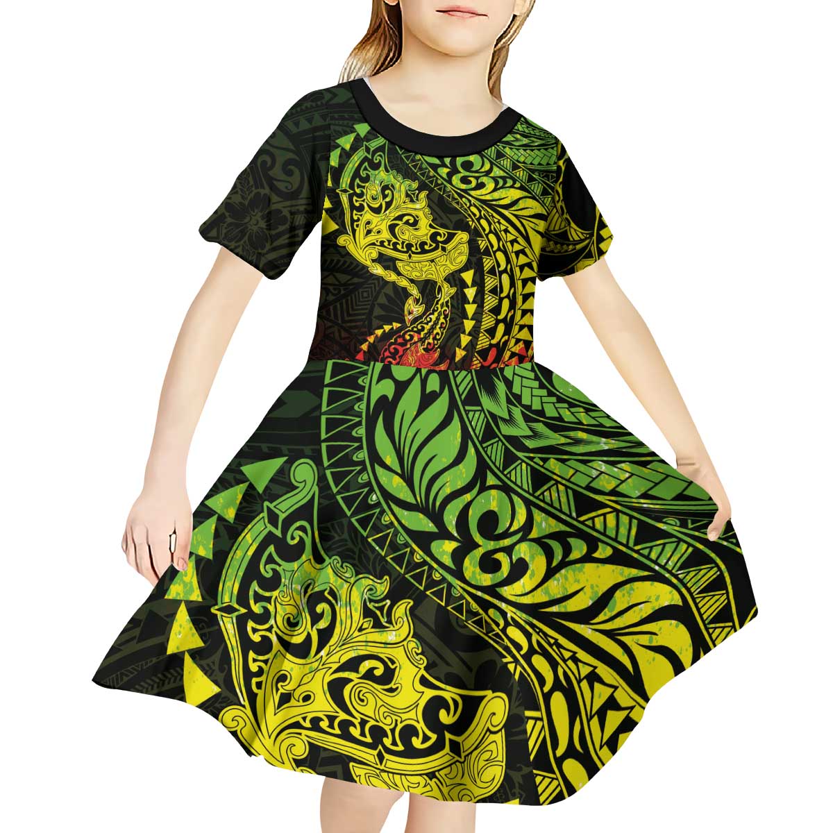 Hawaiian Manta Ray and Hammerhead Shark Tribal Tattoo Kid Short Sleeve Dress with Polynesian Tribal Pattern Reggae Style