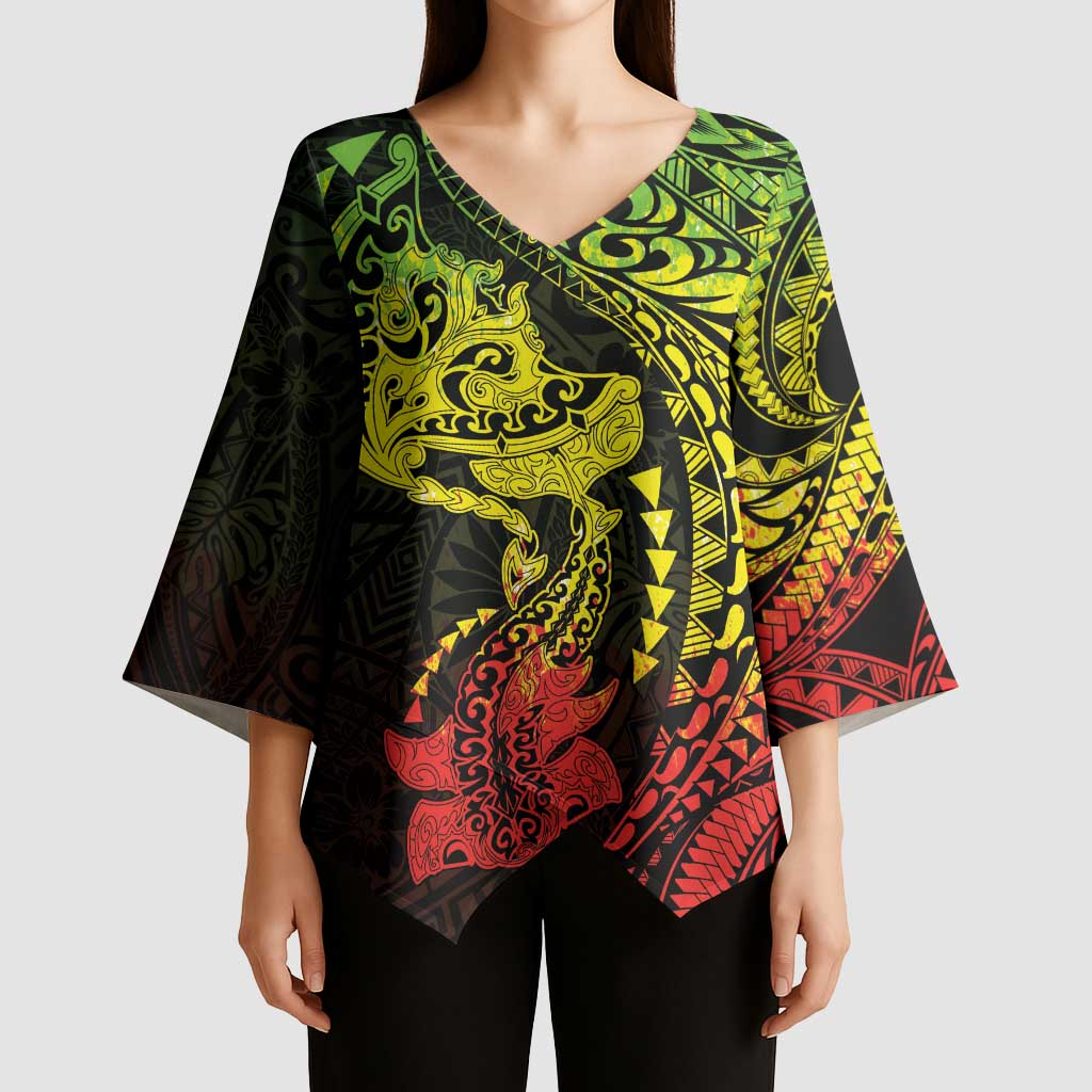 Hawaiian Manta Ray and Hammerhead Shark Tribal Tattoo Kimono Sleeve Blouse with Polynesian Tribal Pattern Reggae Style