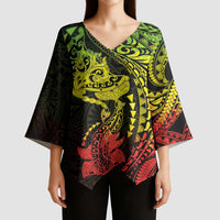 Hawaiian Manta Ray and Hammerhead Shark Tribal Tattoo Kimono Sleeve Blouse with Polynesian Tribal Pattern Reggae Style