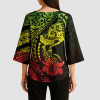 Hawaiian Manta Ray and Hammerhead Shark Tribal Tattoo Kimono Sleeve Blouse with Polynesian Tribal Pattern Reggae Style