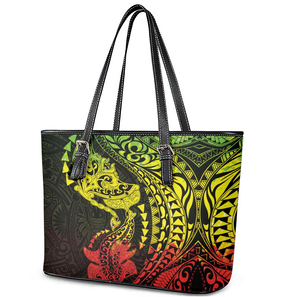 Hawaiian Manta Ray and Hammerhead Shark Tribal Tattoo Leather Tote Bag with Polynesian Tribal Pattern Reggae Style