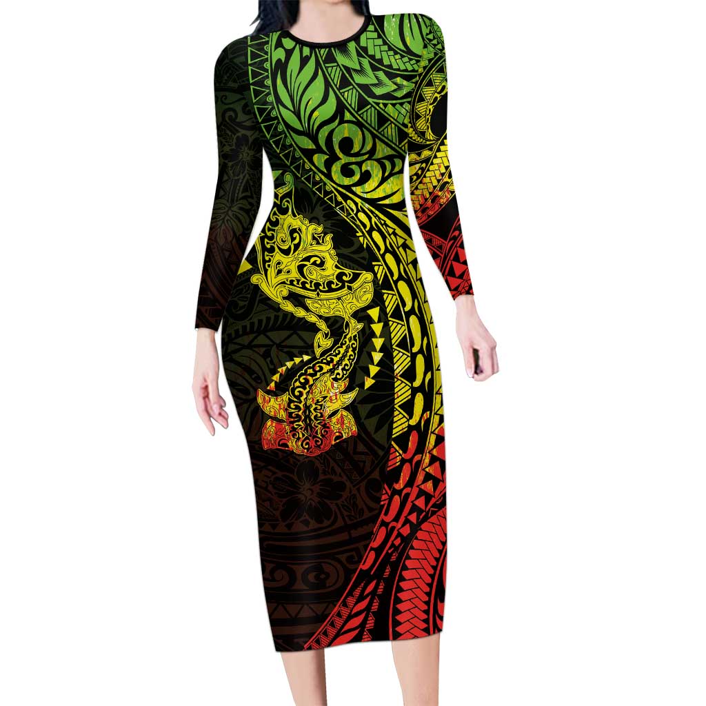 Hawaiian Manta Ray and Hammerhead Shark Tribal Tattoo Long Sleeve Bodycon Dress with Polynesian Tribal Pattern Reggae Style