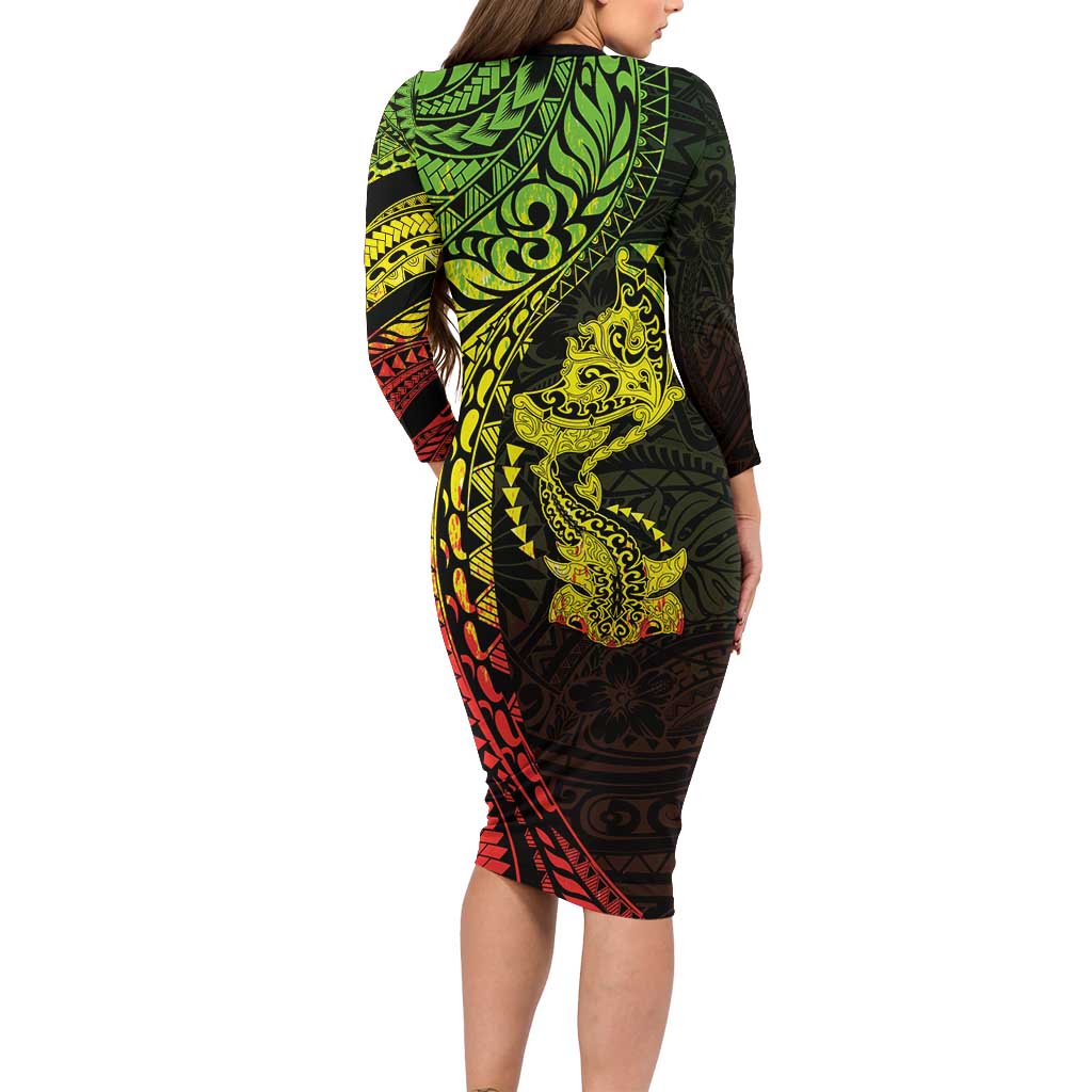 Hawaiian Manta Ray and Hammerhead Shark Tribal Tattoo Long Sleeve Bodycon Dress with Polynesian Tribal Pattern Reggae Style