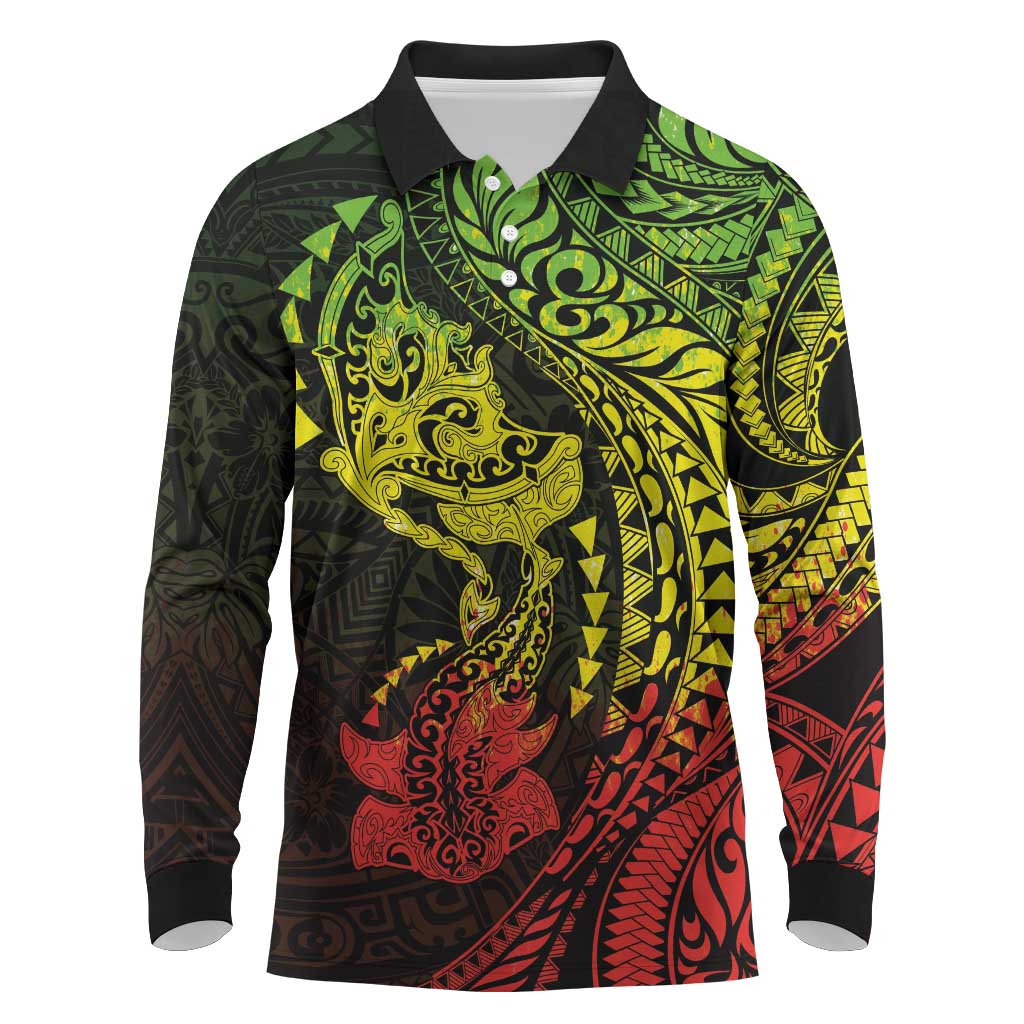 Hawaiian Manta Ray and Hammerhead Shark Tribal Tattoo Long Sleeve Polo Shirt with Polynesian Tribal Pattern Reggae Style LT03 Multicolor - Polynesian Pride