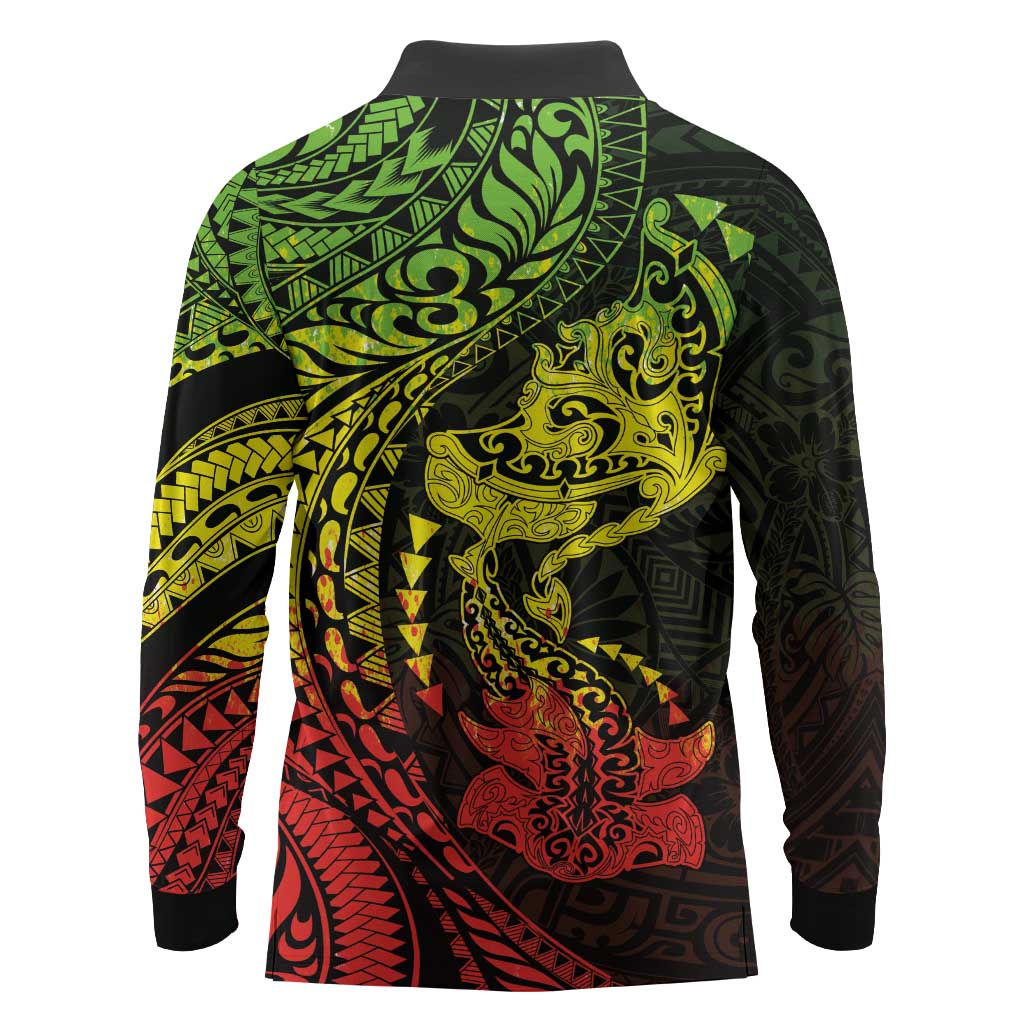 Hawaiian Manta Ray and Hammerhead Shark Tribal Tattoo Long Sleeve Polo Shirt with Polynesian Tribal Pattern Reggae Style LT03 - Polynesian Pride