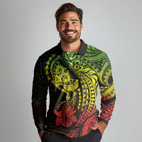Hawaiian Manta Ray and Hammerhead Shark Tribal Tattoo Long Sleeve Polo Shirt with Polynesian Tribal Pattern Reggae Style LT03 - Polynesian Pride
