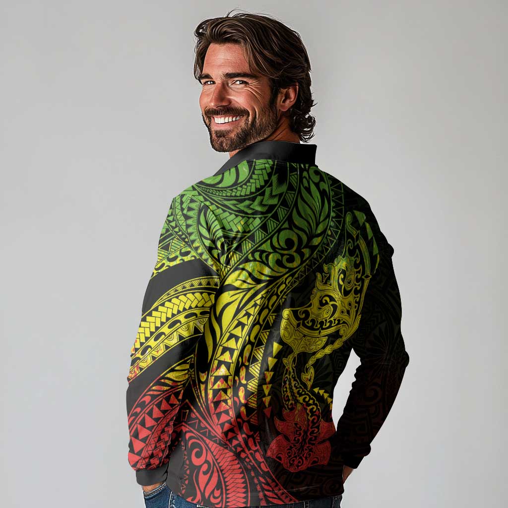 Hawaiian Manta Ray and Hammerhead Shark Tribal Tattoo Long Sleeve Polo Shirt with Polynesian Tribal Pattern Reggae Style LT03 - Polynesian Pride