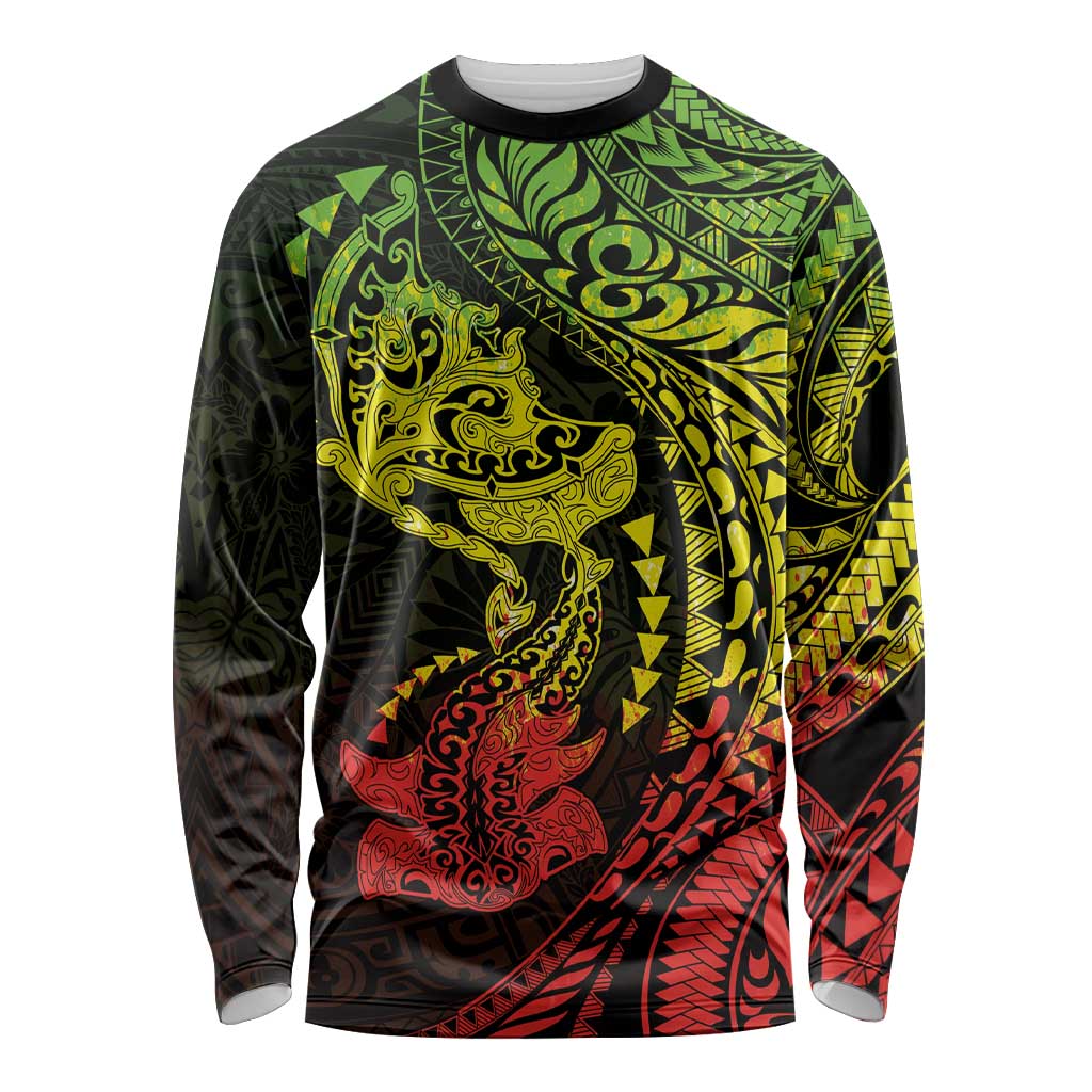 Hawaiian Manta Ray and Hammerhead Shark Tribal Tattoo Long Sleeve Shirt with Polynesian Tribal Pattern Reggae Style