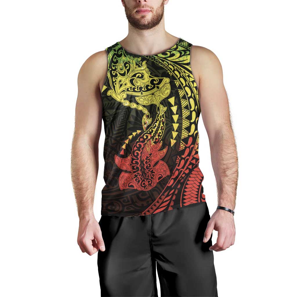 Hawaiian Manta Ray and Hammerhead Shark Tribal Tattoo Men Tank Top with Polynesian Tribal Pattern Reggae Style LT03 - Polynesian Pride