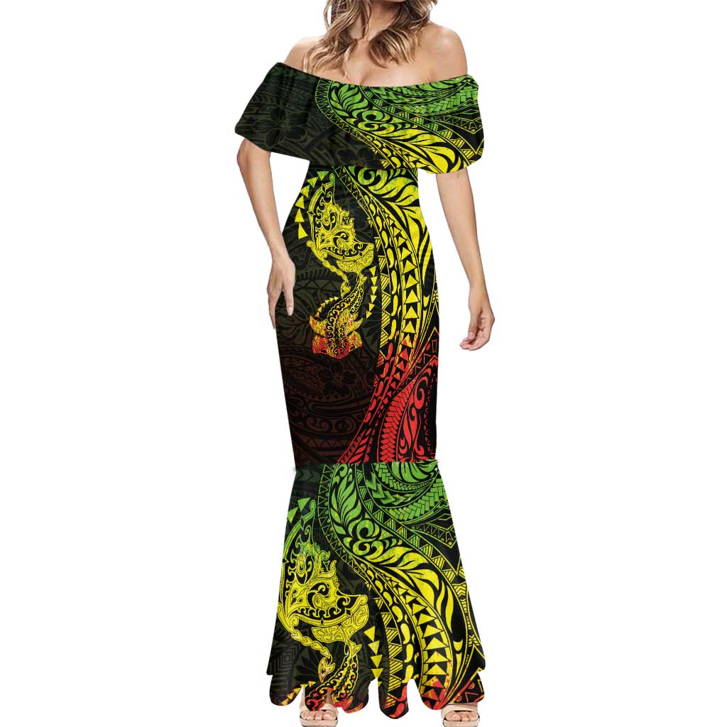 Hawaiian Manta Ray and Hammerhead Shark Tribal Tattoo Mermaid Dress with Polynesian Tribal Pattern Reggae Style