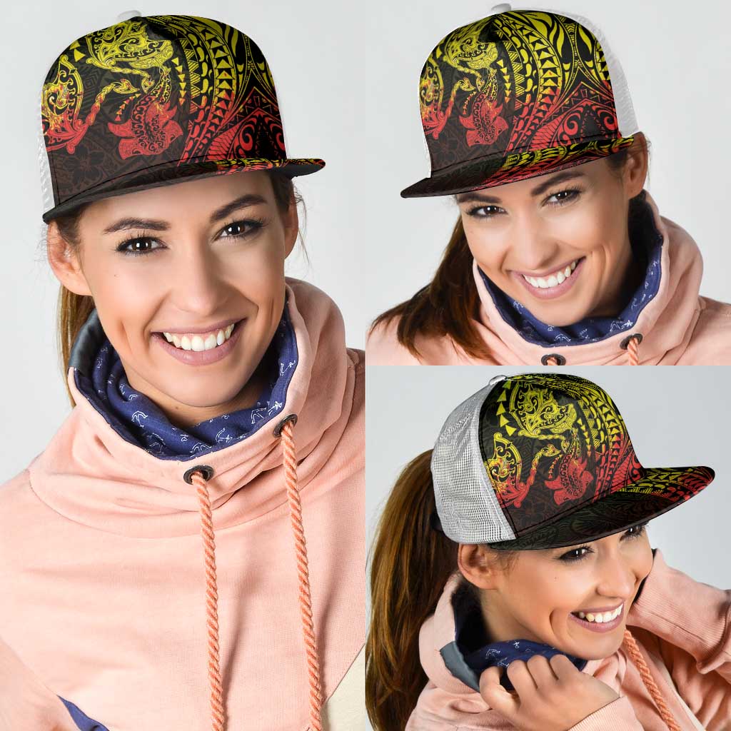 Hawaiian Manta Ray and Hammerhead Shark Tribal Tattoo Mesh Trucker Cap with Polynesian Tribal Pattern Reggae Style