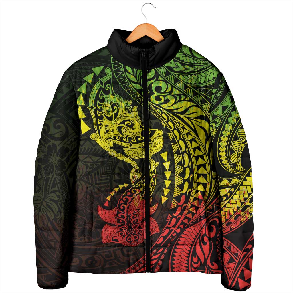 Hawaiian Manta Ray and Hammerhead Shark Tribal Tattoo Padded Jacket with Polynesian Tribal Pattern Reggae Style