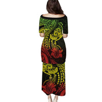 Hawaiian Manta Ray and Hammerhead Shark Tribal Tattoo Puletasi with Polynesian Tribal Pattern Reggae Style