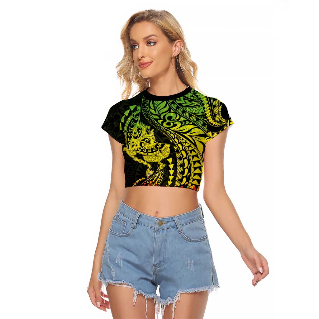 Hawaiian Manta Ray and Hammerhead Shark Tribal Tattoo Raglan Cropped T Shirt with Polynesian Tribal Pattern Reggae Style