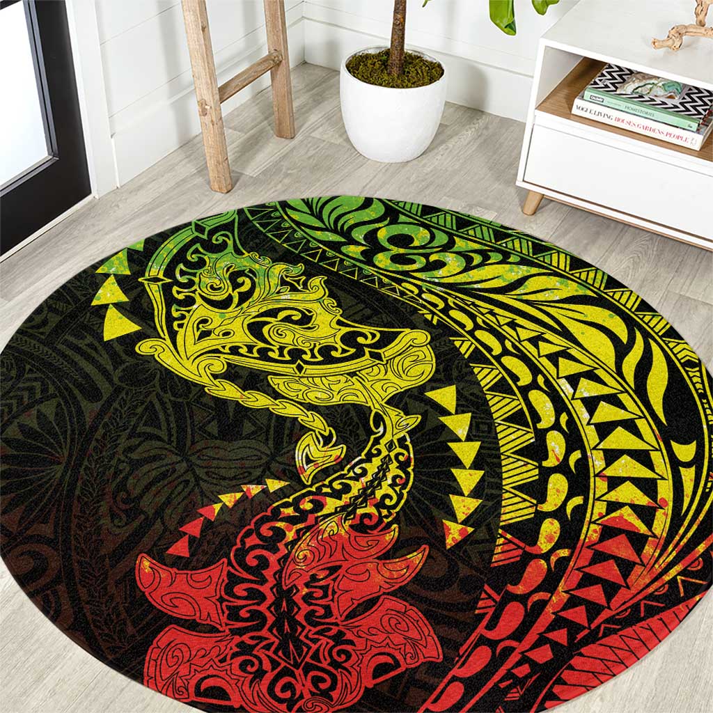 Hawaiian Manta Ray and Hammerhead Shark Tribal Tattoo Round Carpet with Polynesian Tribal Pattern Reggae Style