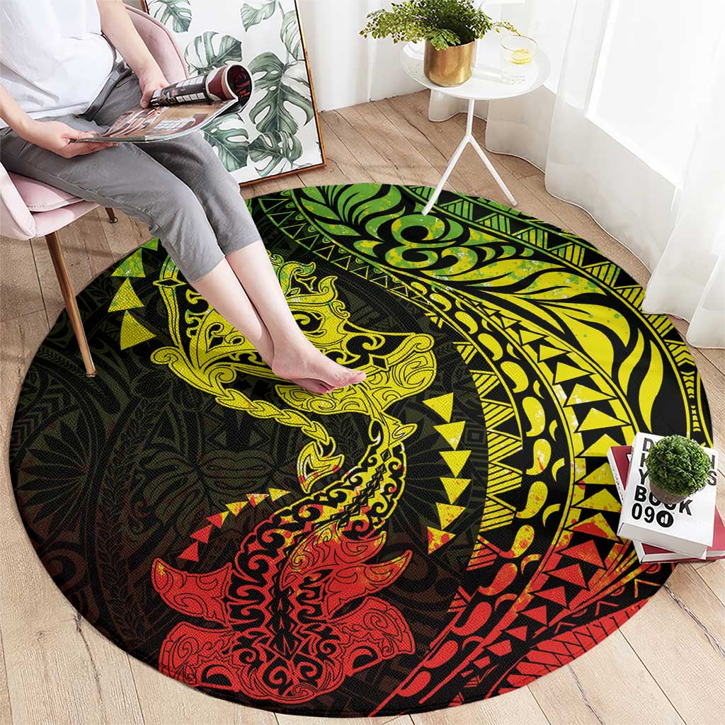 Hawaiian Manta Ray and Hammerhead Shark Tribal Tattoo Round Carpet with Polynesian Tribal Pattern Reggae Style