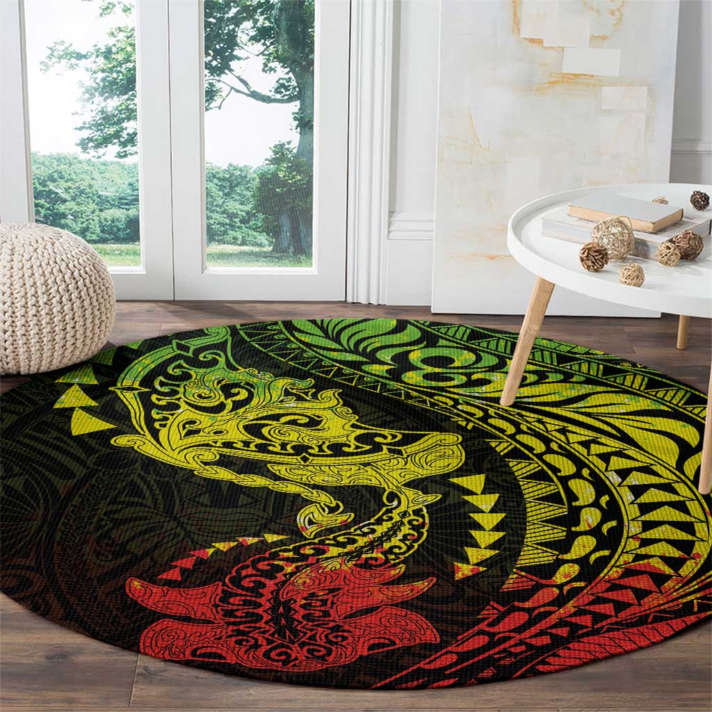 Hawaiian Manta Ray and Hammerhead Shark Tribal Tattoo Round Carpet with Polynesian Tribal Pattern Reggae Style