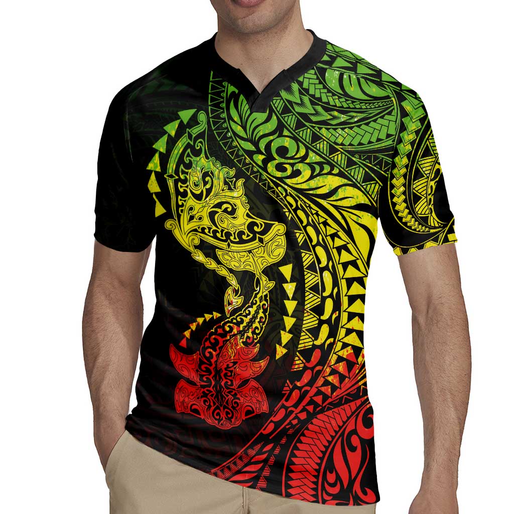 Hawaiian Manta Ray and Hammerhead Shark Tribal Tattoo Rugby Jersey with Polynesian Tribal Pattern Reggae Style