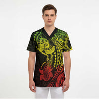 Hawaiian Manta Ray and Hammerhead Shark Tribal Tattoo Scrub Top with Polynesian Tribal Pattern Reggae Style
