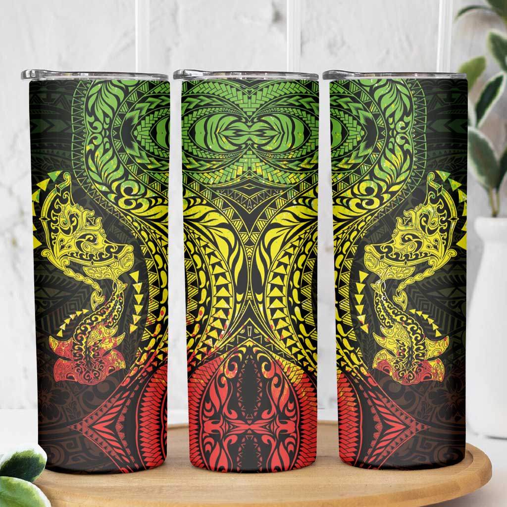 Hawaiian Manta Ray and Hammerhead Shark Tribal Tattoo Skinny Tumbler with Polynesian Tribal Pattern Reggae Style