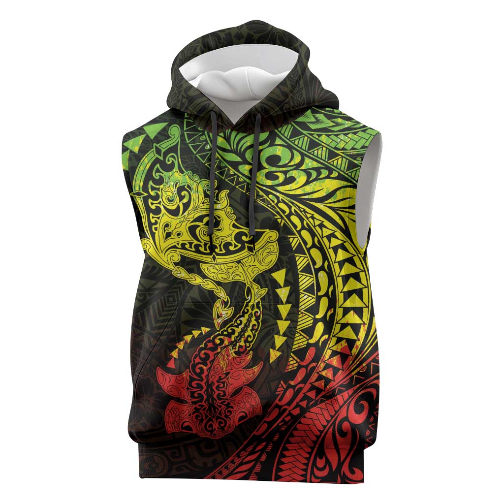Hawaiian Manta Ray and Hammerhead Shark Tribal Tattoo Sleeveless Hoodie with Polynesian Tribal Pattern Reggae Style