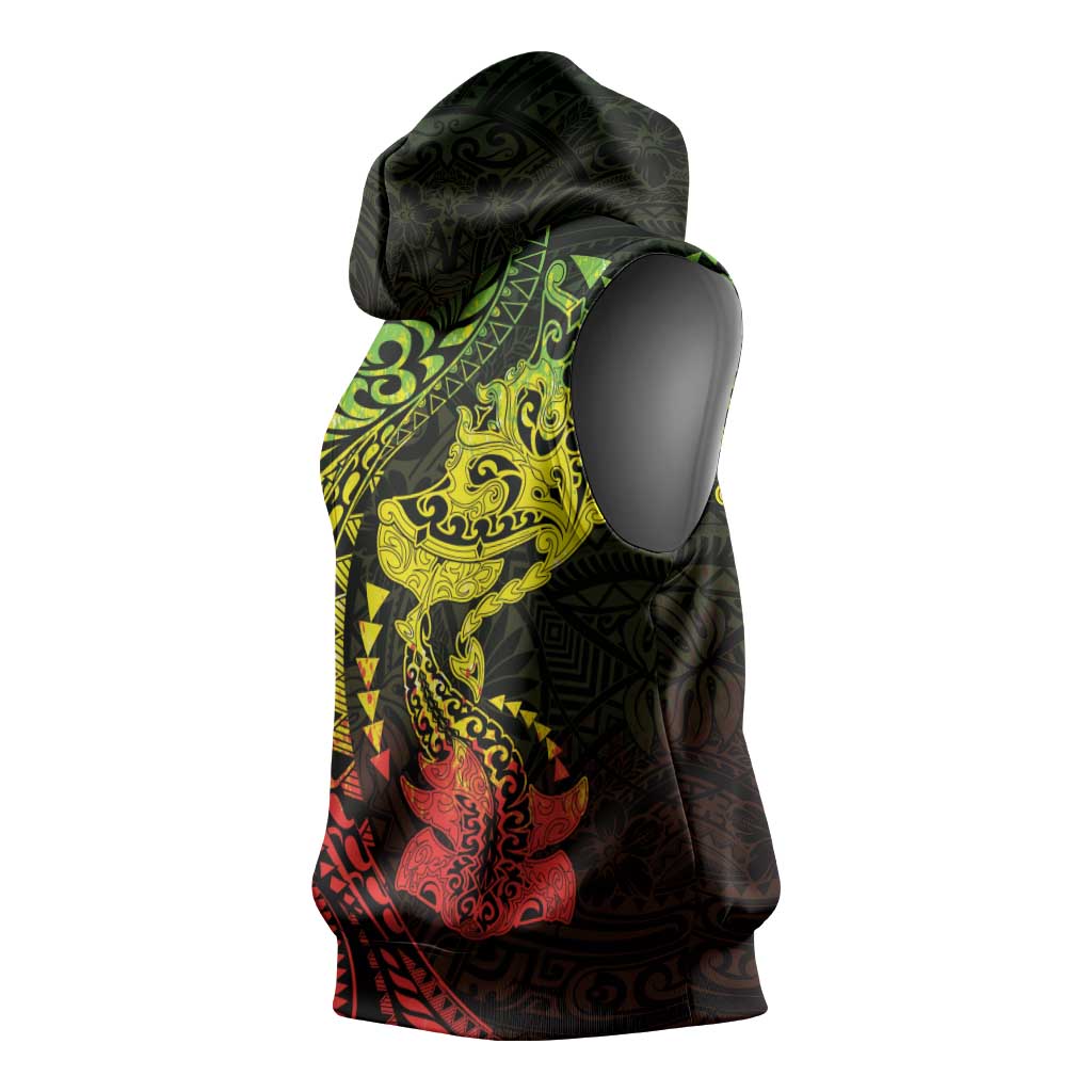 Hawaiian Manta Ray and Hammerhead Shark Tribal Tattoo Sleeveless Hoodie with Polynesian Tribal Pattern Reggae Style