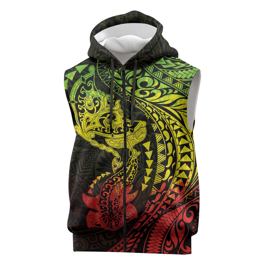 Hawaiian Manta Ray and Hammerhead Shark Tribal Tattoo Sleeveless Zip Hoodie with Polynesian Tribal Pattern Reggae Style